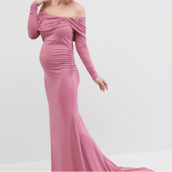 NWOT Motherhood Maternity Off-The-Shoulder Pink Maternity Dress Photoshoot Gown - Picture 1 of 9